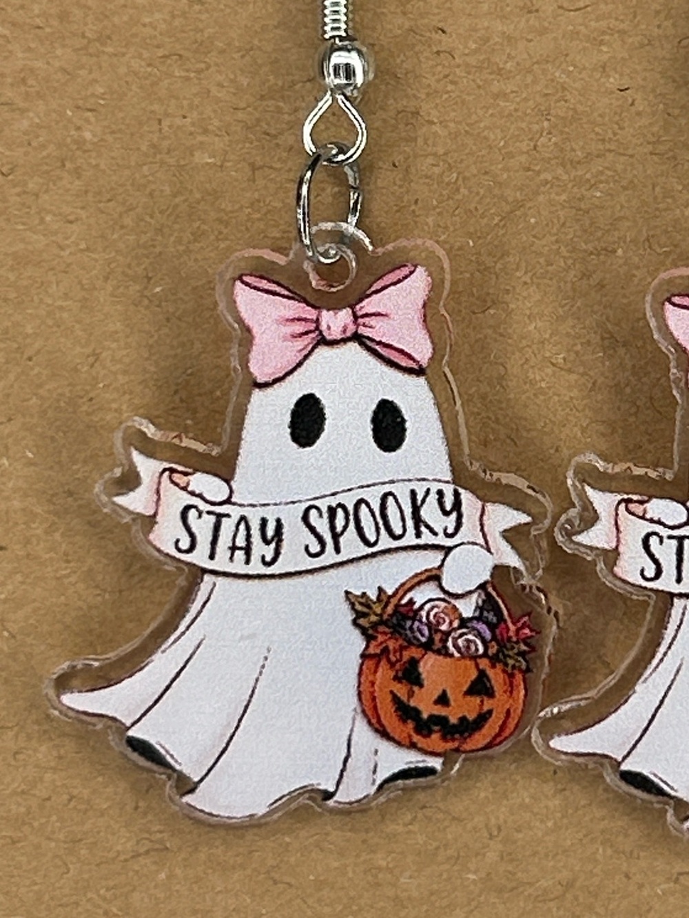 Stay Spooky Ghost Halloween Earrings with Pink Bows Fashion Jewelry - Picture 4 of 4
